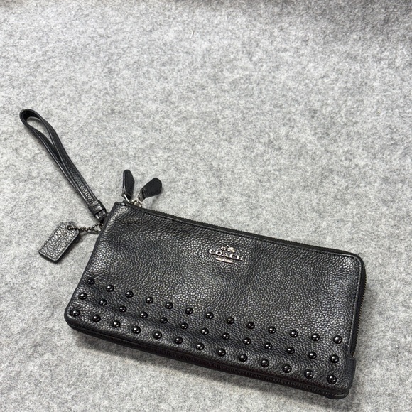 Coach Handbags - Coach Black Pebbled Leather Lacquer Rivets Double
Zip Pebble Leather wristlet